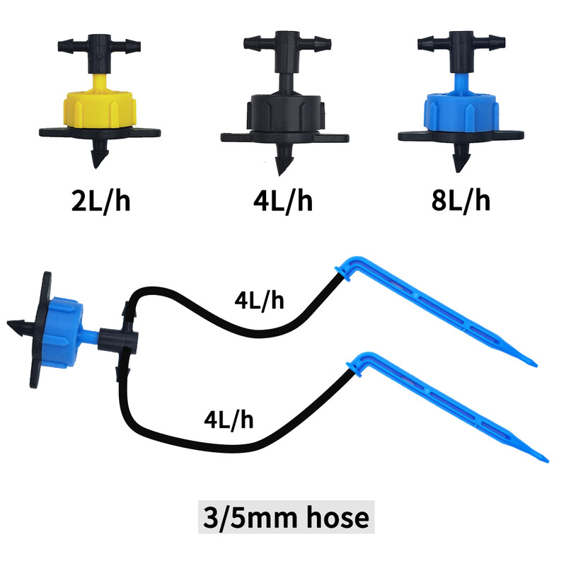 Dārza automātiskā laistīšanas sistēma pilienveida apūdeņošana, 4 virzienu 3/5 mm, 2 virzienu pilināmā bultiņa raidītājs podos, 10/20 komplekts siltumnīca