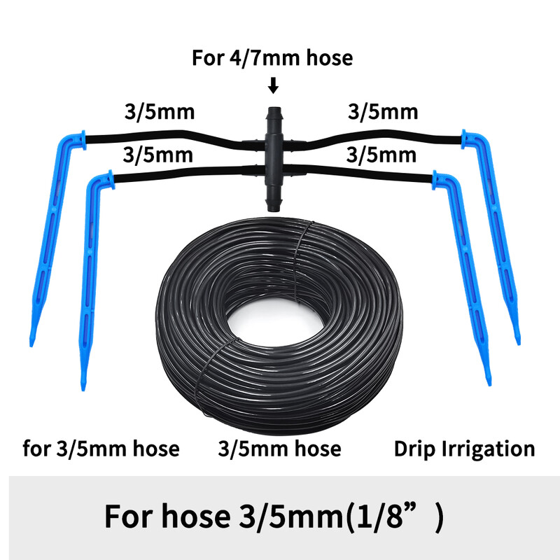 Dārza automātiskā laistīšanas sistēma pilienveida apūdeņošana, 4 virzienu 3/5 mm, 2 virzienu pilināmā bultiņa raidītājs podos, 10/20 komplekts siltumnīca