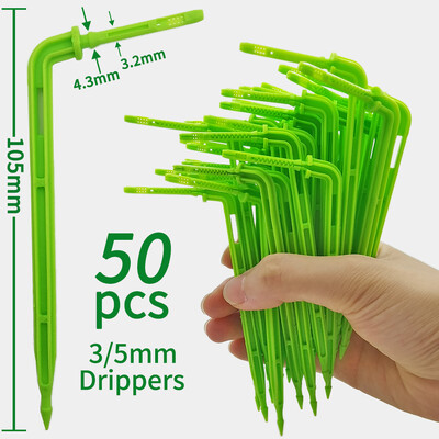 OASIS 50PCS Bend Arrow Dripper Mikro pilināmā apūdeņošanas komplekts emitētāji 3/5 mm šļūtenēm Dārza laistīšanas taupīšanas mikro pilināmā siltumnīcai