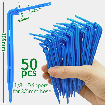 OASIS 50PCS Bend Arrow Dripper Mikro pilināmā apūdeņošanas komplekts emitētāji 3/5 mm šļūtenēm Dārza laistīšanas taupīšanas mikro pilināmā siltumnīcai