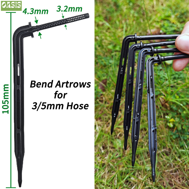 OASIS 50PCS Bend Arrow Dripper Mikro pilināmā apūdeņošanas komplekts emitētāji 3/5 mm šļūtenēm Dārza laistīšanas taupīšanas mikro pilināmā siltumnīcai