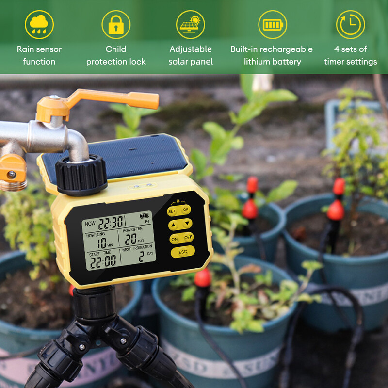 Yieryi solarno punjenje, mjerač vremena za navodnjavanje, digitalni mjerač vremena za navodnjavanje, 4 programa, senzor za kišu, ventil za vodu, upravljač raspršivača za vanjsku upotrebu
