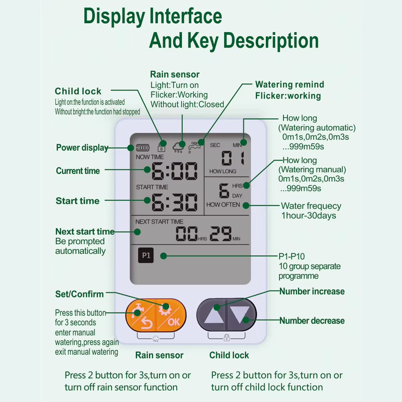 Jauns automātiskais manuālā režīma apūdeņošanas kontrolieris lietus sensors dārza laistīšanas taimeris Vairāku programmu liela ekrāna darbināms ar akumulatoru