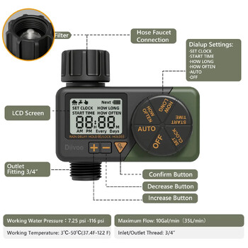 Diivoo Irrigation Water Timer Garden Αυτόματος ελεγκτής στάγδην άρδευσης με σύστημα αυτόματου ποτίσματος για θερμοκήπιο στο σπίτι