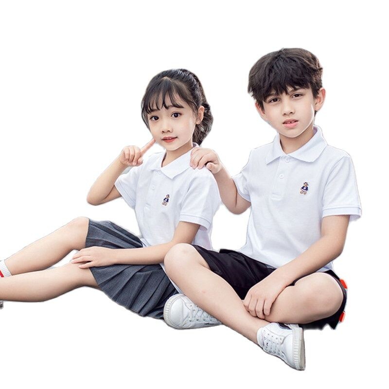 Zēnu tīņu krekls ar īsām piedurknēm 2023. gada vasaras modes karikatūra Lāču izšūšana Skolas drēbes Mazas meitenes polo krekli 2–14 gadu topi