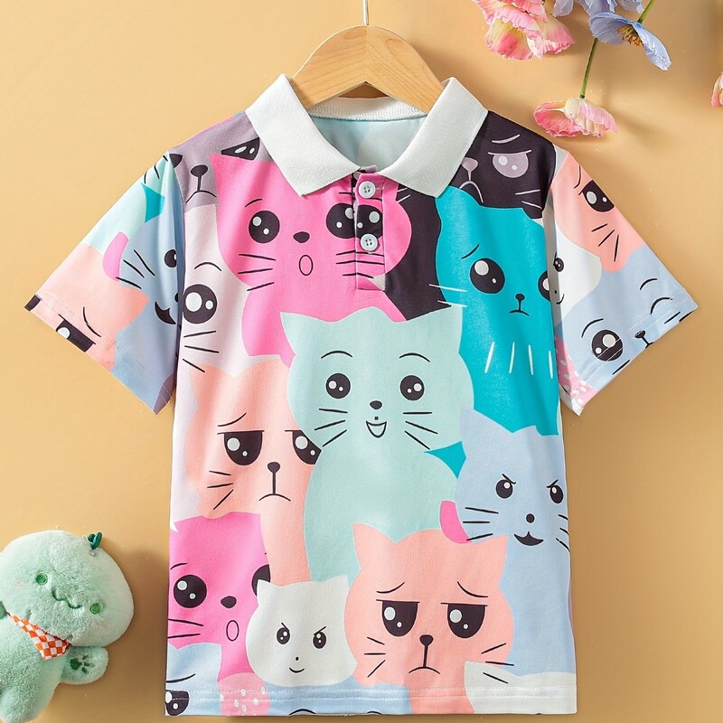 Karikatūras raksta apdruka, zēni, meitenes, radoši polo krekli Ikdienas krekls ar īsām piedurknēm, topi Bērnu apģērbi vasarai brīvā dabā