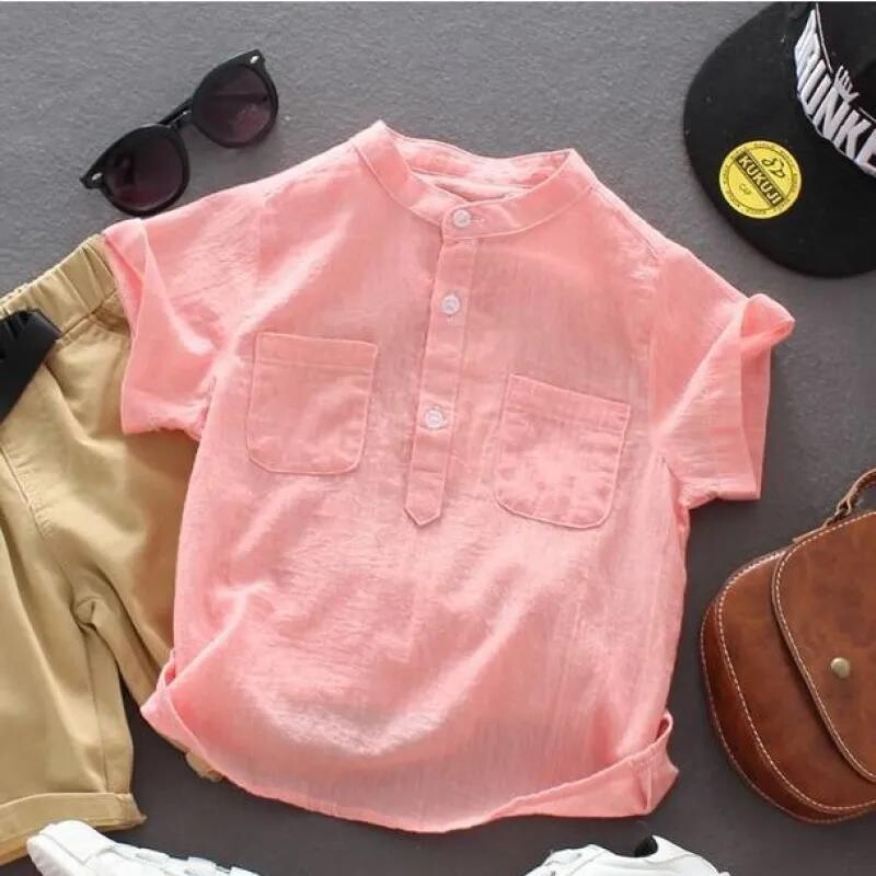 Fiú ruházat nyári pamut divat vékony egyszínű kerek nyakú, összefűzött zsebgombos laza alkalmi koreai változatú póló