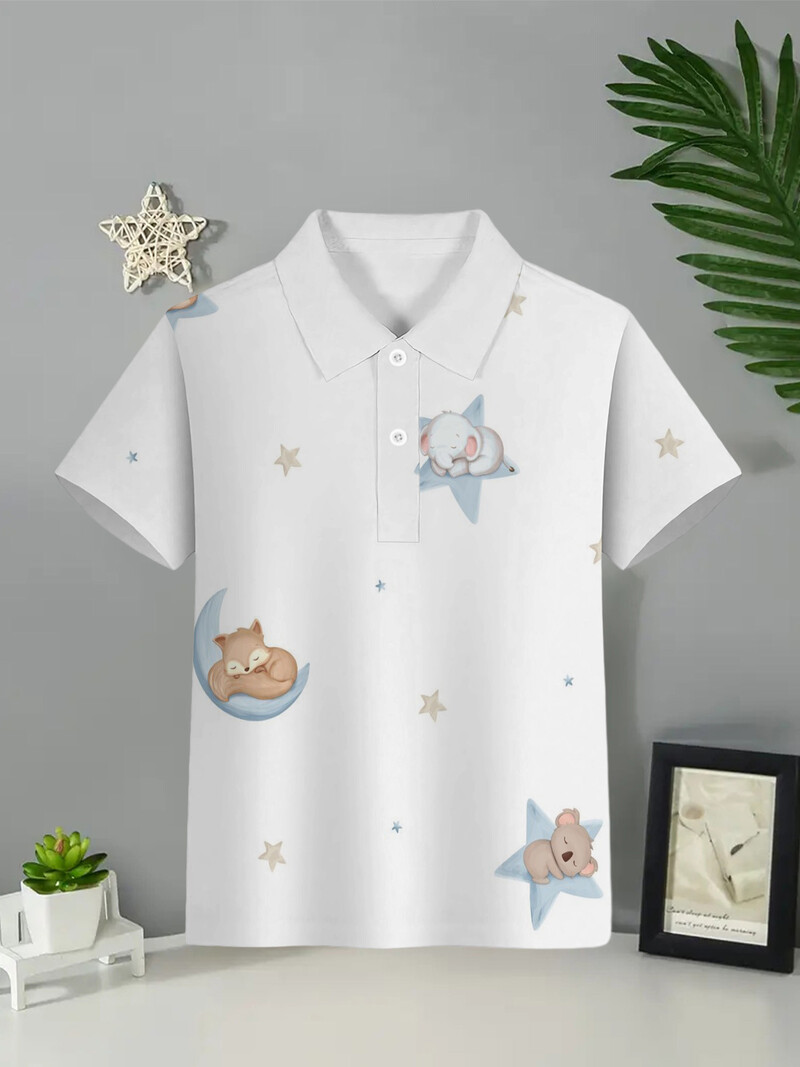 Pólóingek 2024 Nyáron Új gyerek fiúk divatos, légáteresztő nyomtatású rövid ujjú hajtókagalléros ing gyerekeknek Top Kids póló