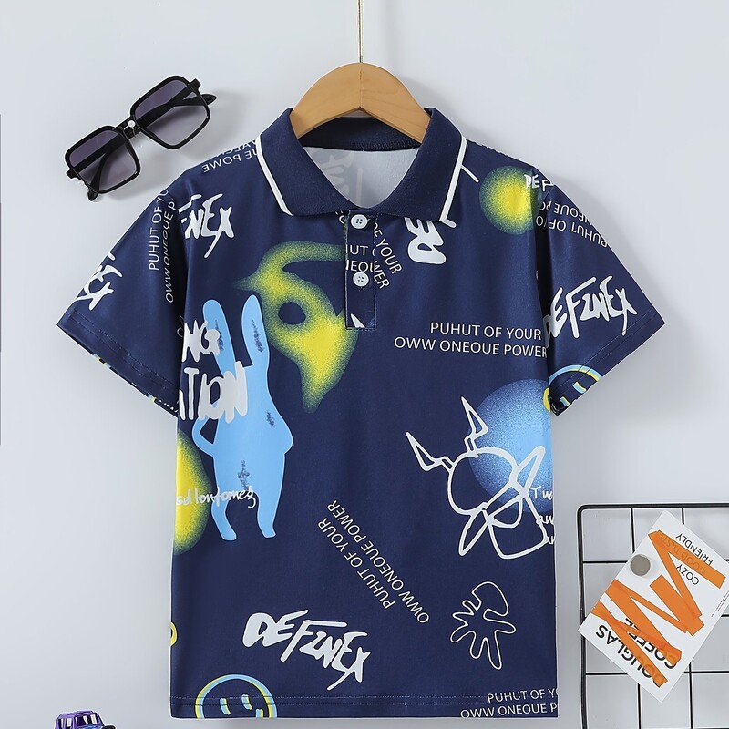 Kūrybingi animacinių filmų motyvai Spausdinti berniukų polo marškinėliai Vaikiški laisvalaikio trumpomis rankovėmis atvartais kvėpuojantys vaikiški vasaros kasdieniai lauko marškinėliai