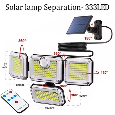Водоустойчива слънчева захранвана външна светлина Сензор за движение 122/333 LED охранителна улична лампа Прожектори за градинска декорация