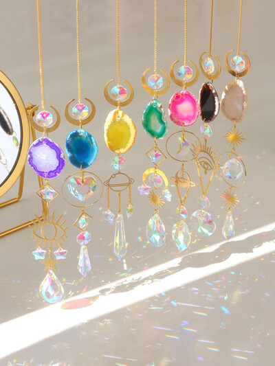 Crystal Sun Catcher Colorful Agate Rainbow Maker Витражи Evil Eye Sun Moon Window Vising Prism For Garden Home Decoration