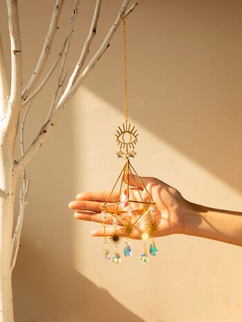 Evil Eye Crystal Suncatcher Rhombus with Sun and Crystal Beads Winner Chimes for Outdoor Garden Suncatcher Διακοσμητικά αυτοκινήτου