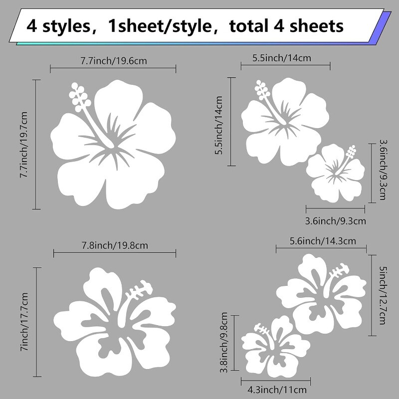 4 lista naljepnica za automobile cvijeta hibiskusa, velike naljepnice za automobile, 6 komada havajskog cvijeta, samoljepljiva oprema za automobile, zaštita od sunca