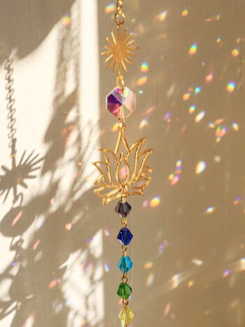 Golden Lotus Suncatcher Βιτρώ Κρυστάλλινο Sun Catcher Εξωτερική διακόσμηση Πρίσμα Chakras Rainbow Maker Κρεμαστά διακοσμητικά κήπου