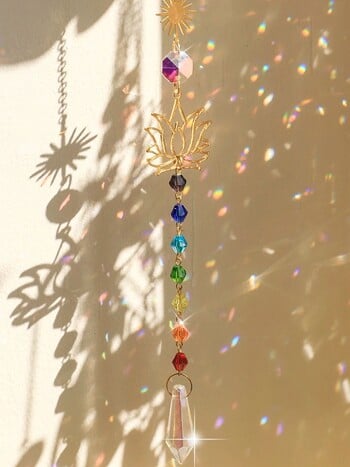 Golden Lotus Suncatcher Βιτρώ Κρυστάλλινο Sun Catcher Εξωτερική διακόσμηση Πρίσμα Chakras Rainbow Maker Κρεμαστά διακοσμητικά κήπου