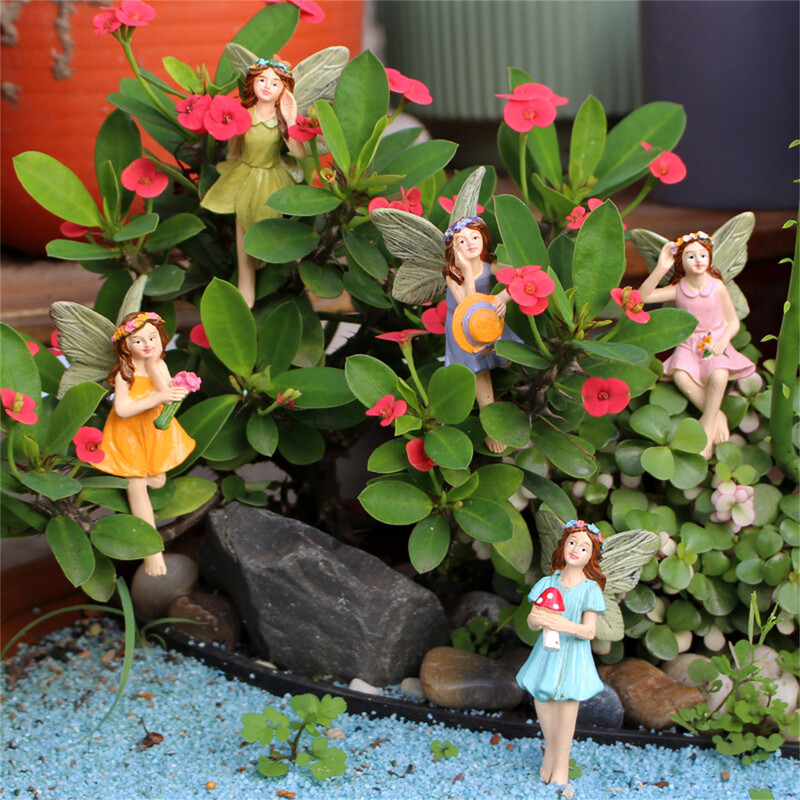 Piecdaļīgs ziedu pasaku dārza spraudņa komplekts, ainavas statuja podos, piecas puķu pasaku māsas mīl viena otru, silts dārzs