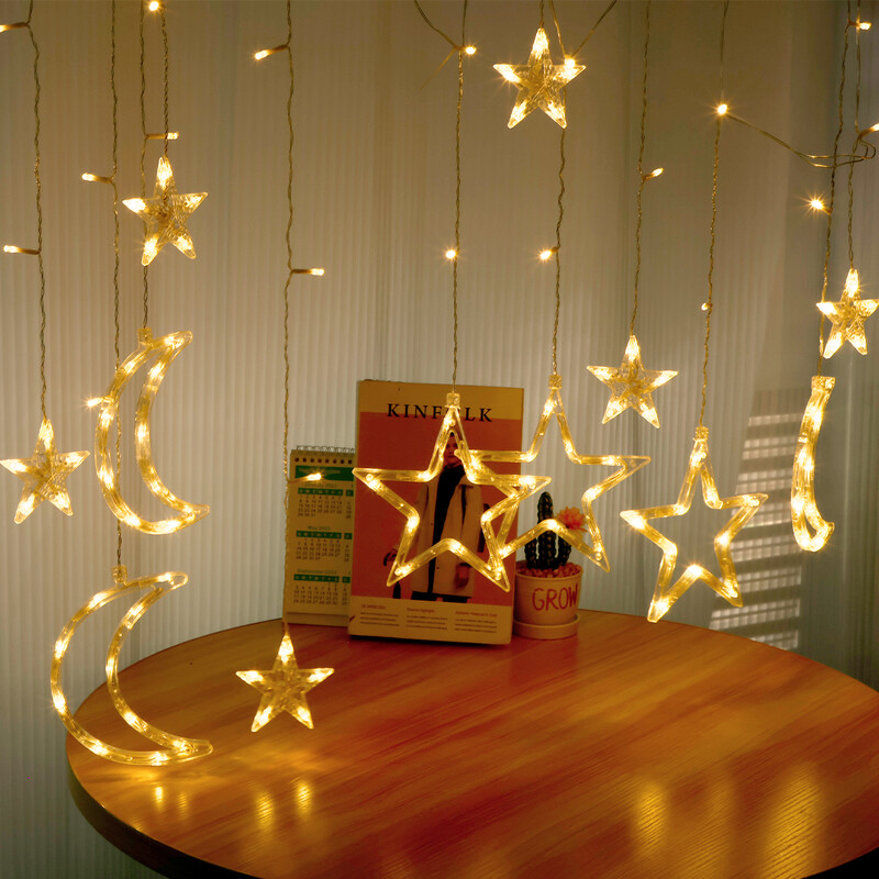 138 LED užuolaidų stygos lemputės vandeniui atsparios lango žvaigždės mėnulio fėjos lemputės romantiškos užuolaidinės lempos sodo balkono kiemo dekoravimui