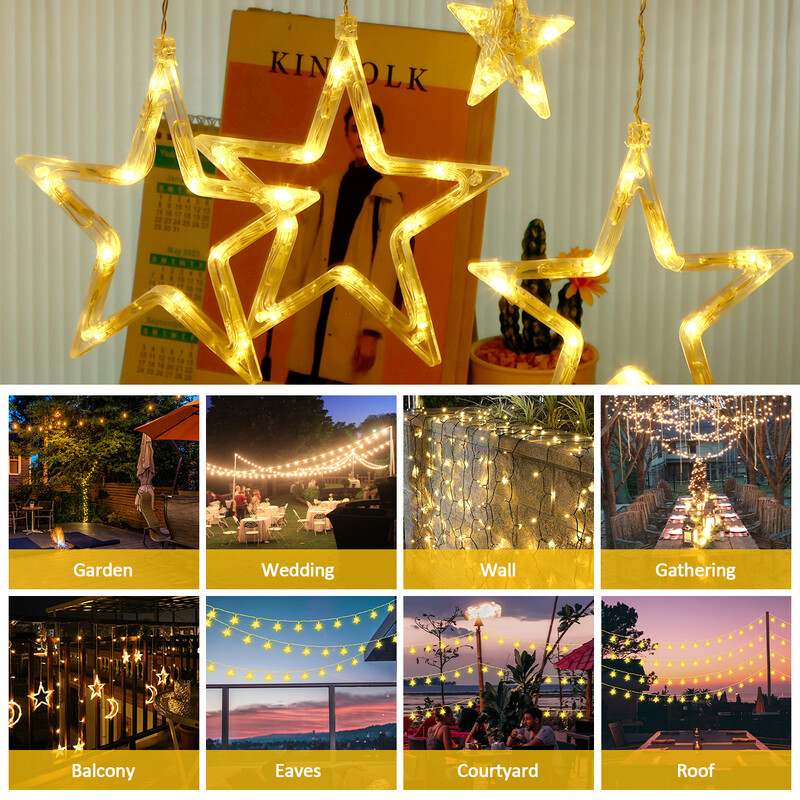 138 LED užuolaidų stygos lemputės vandeniui atsparios lango žvaigždės mėnulio fėjos lemputės romantiškos užuolaidinės lempos sodo balkono kiemo dekoravimui