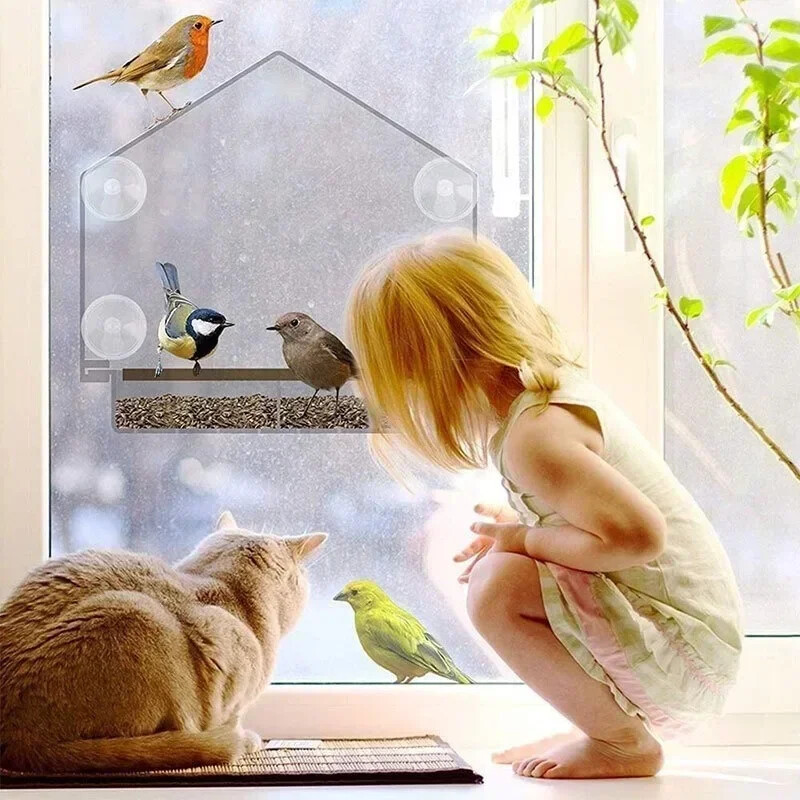 Outdoor Window Birdfeeder Caurspīdīgs barības dozators Populārs putnu barotājs žubītēm ar ūdens funkciju