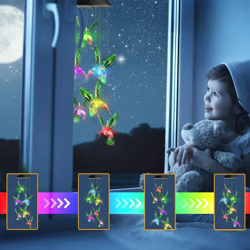 Krāsains gradients saules vēja zvana gaisma kolibri ainava LED pagalma dārza dekorācijas atmosfēras gaisma