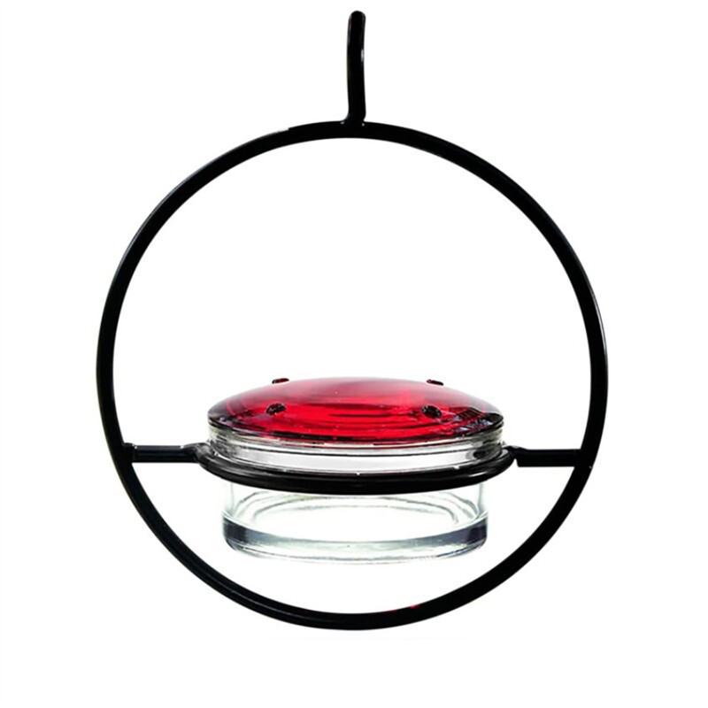 Piekarināmā kolibri barotava piesaista putnus āra kolibru barotavai ar sarkanu stikla bļodu āra dārza piemājas terases klājam