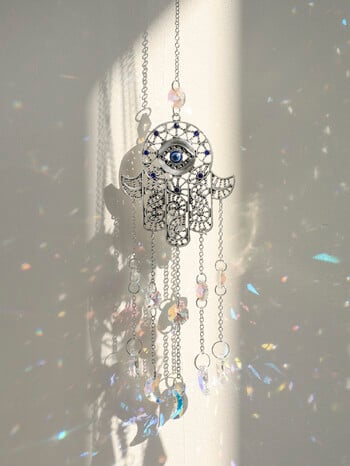 Κρεμαστά κρύσταλλα Sun Catcher Evil Eye Hamsa Hand Rainbow Maker Chakra βιτρό Light Catcher Prism Διακόσμηση κήπου σπιτιού