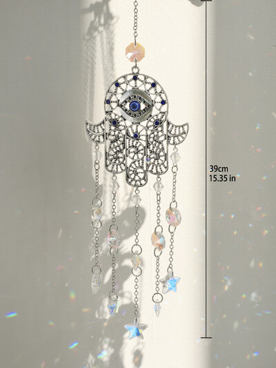Висящи кристали Ловец на слънце Evil Eye Hamsa Hand Rainbow Maker Чакра Витражи Светлинен ловец Призма Декорация на домашна градина