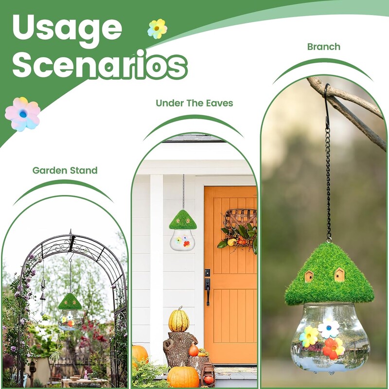 Kolibri ūdens padevēji ārā karājas, dekorēti ar ūdens snīpi Putnu ūdens dozators sēņu formas ūdens padevējs ārpusē