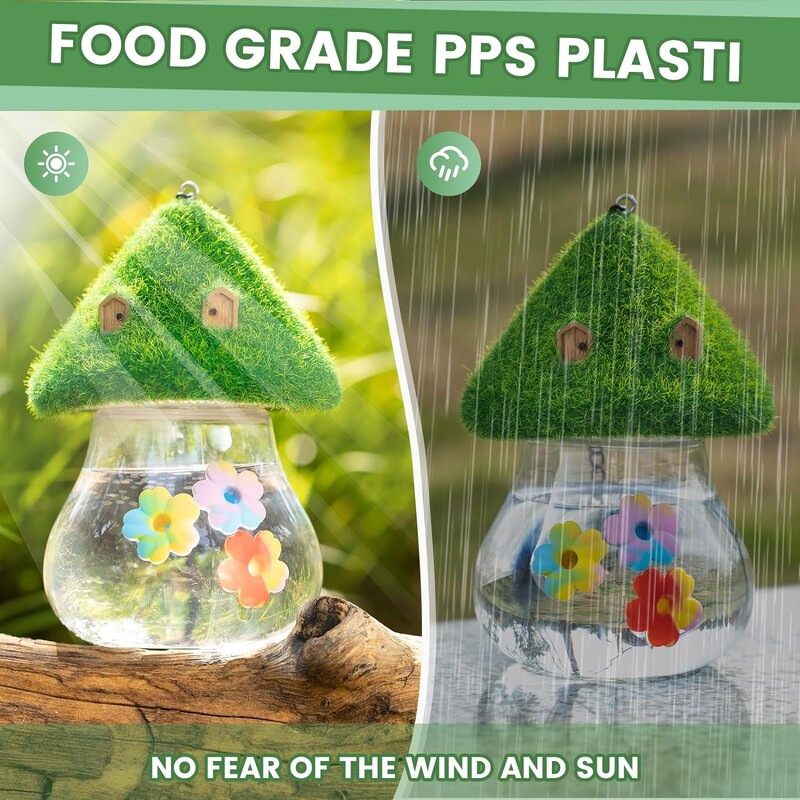 Kolibri ūdens padevēji ārā karājas, dekorēti ar ūdens snīpi Putnu ūdens dozators sēņu formas ūdens padevējs ārpusē