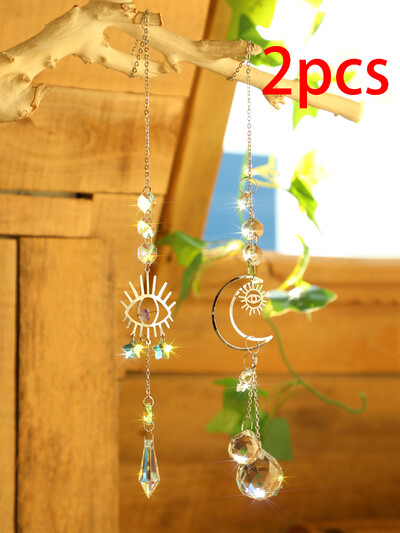 2 vnt. Evil Eye Mėnulio krištolinis saulės gaudytojas kabantys papuošalai sodo saulės gaudyklės lango vėjo varpeliai šviesos gaudyklė lauko dekorai Dovana