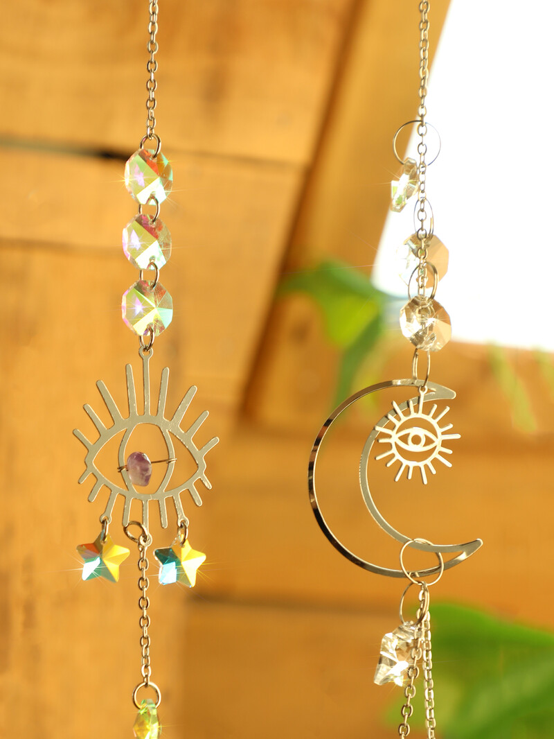 2 vnt. Evil Eye Mėnulio krištolinis saulės gaudytojas kabantys papuošalai sodo saulės gaudyklės lango vėjo varpeliai šviesos gaudyklė lauko dekorai Dovana