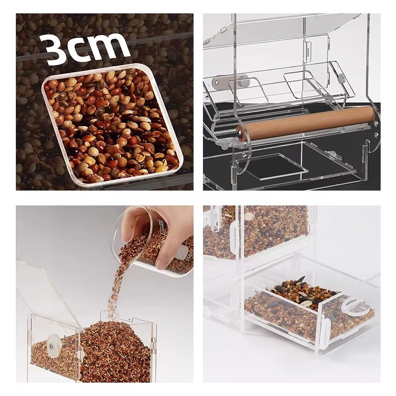 Netīra putnu barotava Automātiskā papagaiļu barotava dzērāja akrila sēklu barības tvertnes būra piederumi maziem un vidējiem papagaiļiem