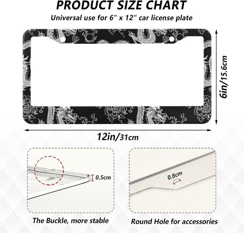 Cool Dragon japāņu stila numura zīmju rāmji 2 gab. Automašīnas numura zīmju turētājs ar skrūvējamo vāciņu komplekta dekorāciju ASV transportlīdzekļiem