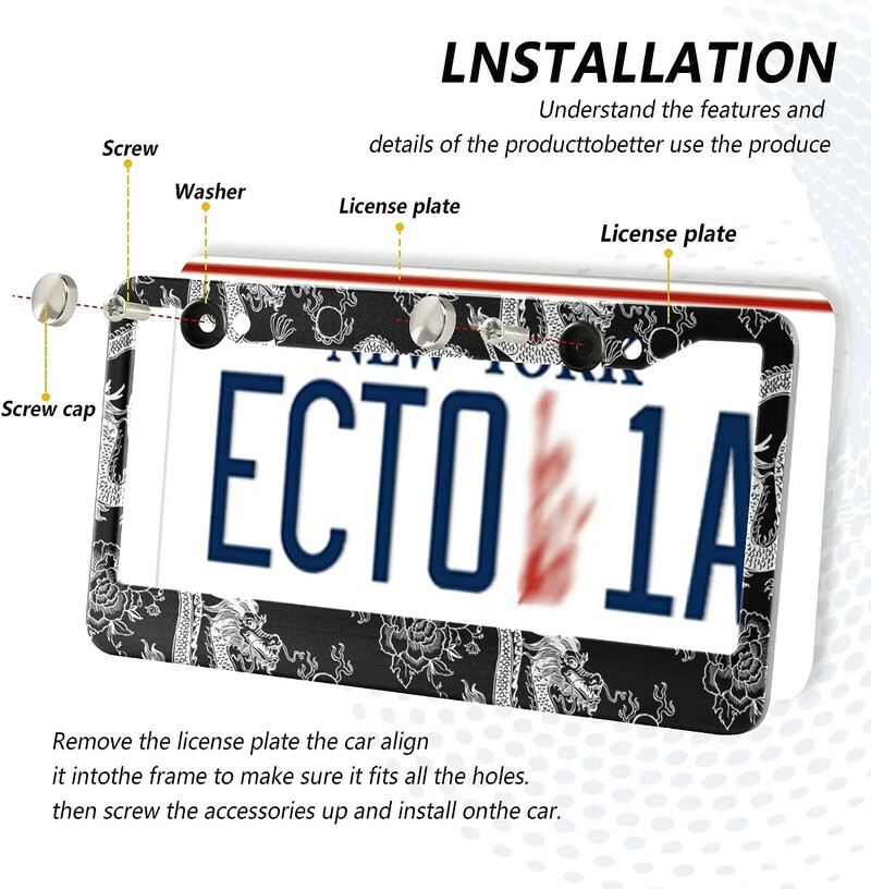 Cool Dragon japāņu stila numura zīmju rāmji 2 gab. Automašīnas numura zīmju turētājs ar skrūvējamo vāciņu komplekta dekorāciju ASV transportlīdzekļiem