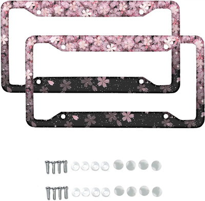 Cherry Blossom Pattern Πλαίσιο πινακίδας αυτοκινήτου 2 Pack Θήκη πινακίδας κυκλοφορίας με 4 τρύπες πλαίσιο ετικέτας αυτοκινήτου για γυναίκες άνδρες Οχήματα ΗΠΑ