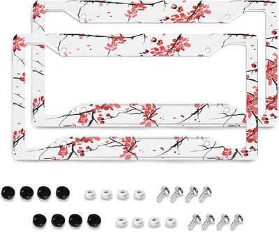 Cherry Blossom Branches automašīnas numura zīmes rāmis 2 pack numura zīmju turētājs ar 4 caurumu automašīnas etiķetes rāmi sievietēm vīriešiem, ASV transportlīdzekļiem
