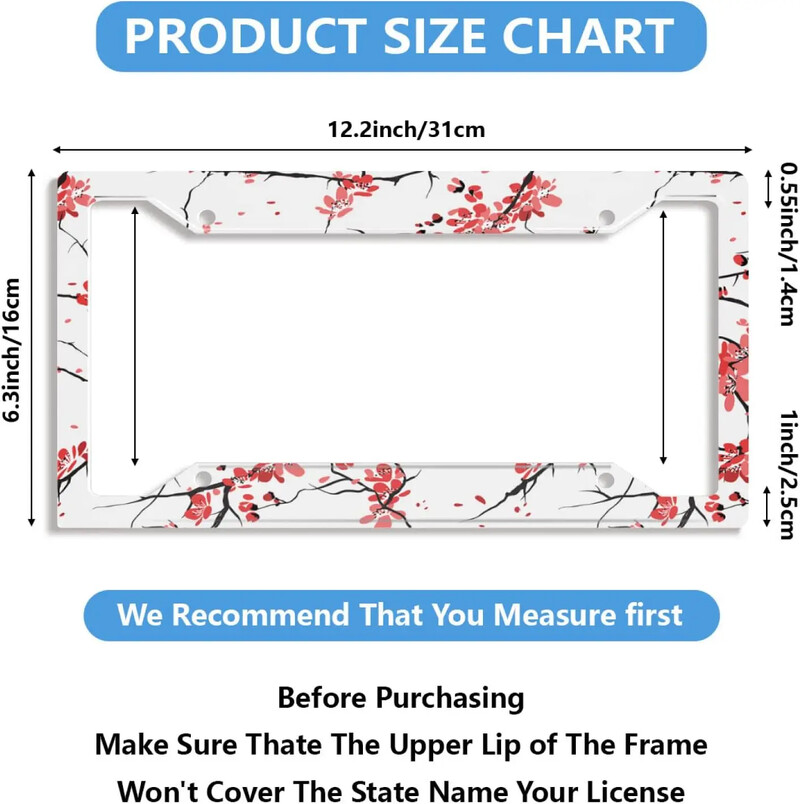 Cherry Blossom Branches automašīnas numura zīmes rāmis 2 pack numura zīmju turētājs ar 4 caurumu automašīnas etiķetes rāmi sievietēm vīriešiem, ASV transportlīdzekļiem