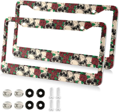 Skull Roses Pattern automobilio valstybinio numerio rėmas, 2 pakuotės valstybinio numerio laikiklis su 2 skylučių automobilio žymų rėmeliu, skirtas moterims, vyrams JAV transporto priemonėms