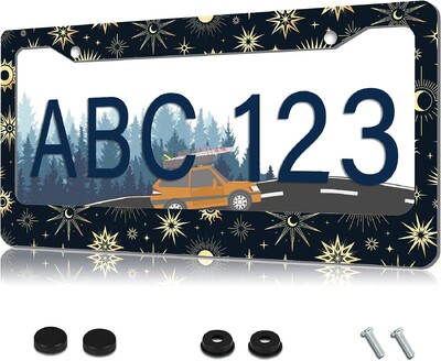 Κουφώματα πινακίδας κυκλοφορίας Moon Sun για Διακοσμητική ετικέτα αυτοκινήτου από αλουμίνιο με 2 τρύπες και βίδες καπάκια Πλαίσιο πινακίδας αυτοκινήτου για ΗΠΑ Καναδάς