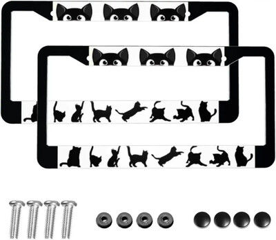 Cadru de plăcuță de înmatriculare cu model amuzant de pisici Pachet de 2 Suport pentru plăcuță de înmatriculare cu 2 găuri Cadru pentru etichete de mașină pentru femei, bărbați, vehicule din SUA