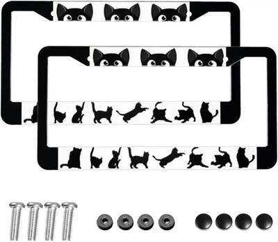Smieklīgs, jauka kaķa raksta numura zīmes rāmis, 2 iepakojuma numura zīmes turētājs ar 2 caurumiem automašīnas etiķetes rāmi sievietēm vīriešiem, ASV transportlīdzekļiem