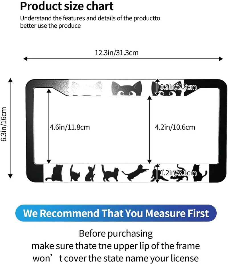 Smieklīgs, jauka kaķa raksta numura zīmes rāmis, 2 iepakojuma numura zīmes turētājs ar 2 caurumiem automašīnas etiķetes rāmi sievietēm vīriešiem, ASV transportlīdzekļiem