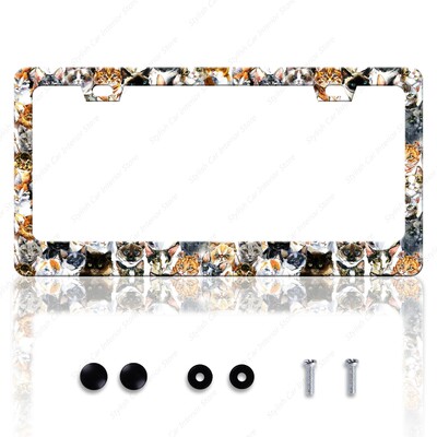 Γάτες Πλαίσιο πινακίδας Γκρι Λευκό Μαύρο Κουφώματα αυτοκινήτου, Κάτοχος πινακίδων Pet Funny Animal Kitten Πινακίδα Αλουμινίου