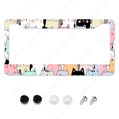Γάτες Πλαίσιο πινακίδας Γκρι Λευκό Μαύρο Κουφώματα αυτοκινήτου, Κάτοχος πινακίδων Pet Funny Animal Kitten Πινακίδα Αλουμινίου