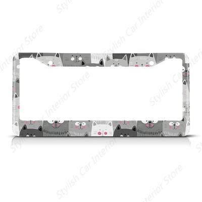Γάτες Πλαίσιο πινακίδας Γκρι Λευκό Μαύρο Κουφώματα αυτοκινήτου, Κάτοχος πινακίδων Pet Funny Animal Kitten Πινακίδα Αλουμινίου