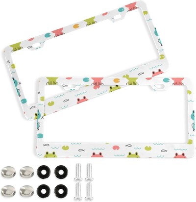 Zaļā varde numura zīmju rāmji 2 komplekti jaukas vardes Automašīnas birku vāciņš ar caurumiem un skrūvēm alumīnija dzīvnieki multfilmas auto dekoratīvs materiāls