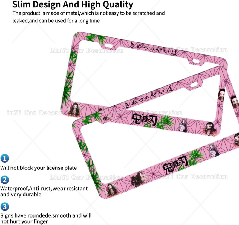 Anime Demon Slayer numurzīmes rāmis Rozā Automašīnas Birkas Rāmji Nosegs Automašīnu piederumi Automašīnu paklājiņi ar 2 caurumiem Skrūves Standarta 2 gab.