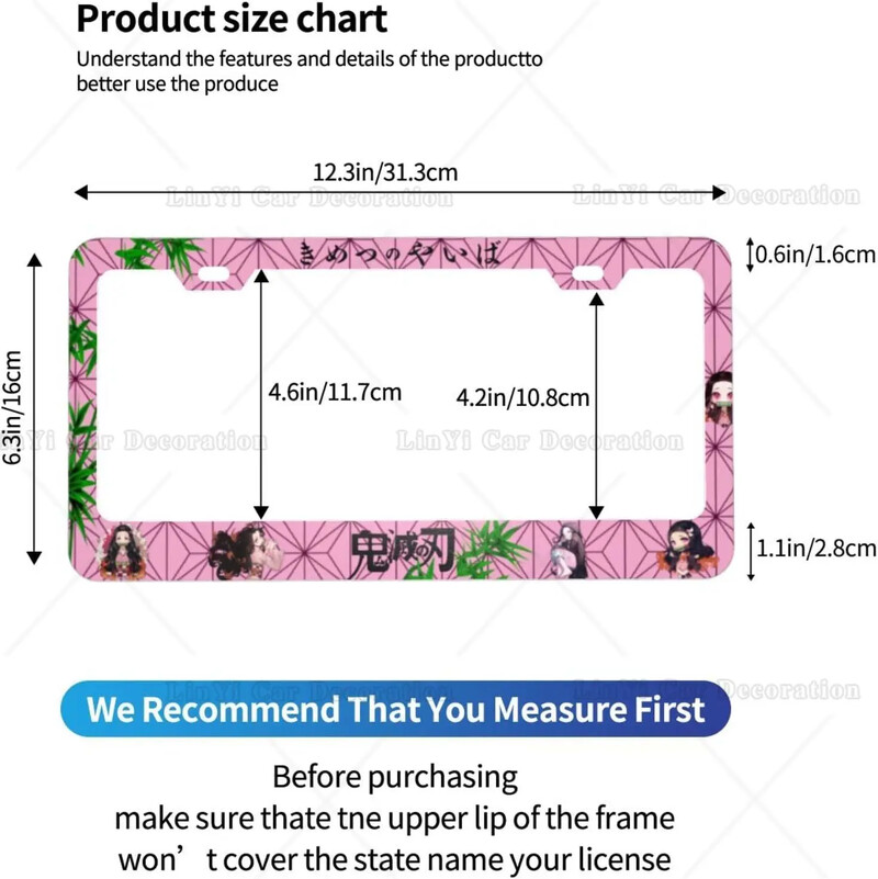 Anime Demon Slayer numurzīmes rāmis Rozā Automašīnas Birkas Rāmji Nosegs Automašīnu piederumi Automašīnu paklājiņi ar 2 caurumiem Skrūves Standarta 2 gab.