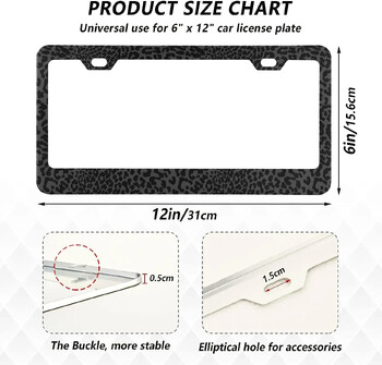 Тъмно сива рамка за регистрационен номер на кола с леопард 2 пакета Държач за регистрационен номер с 2 дупки Рамка за етикет на кола за жени, мъже, американски превозни средства