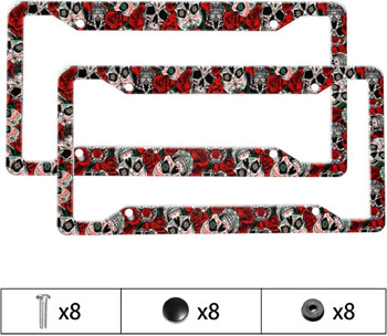 Skulls Red Rose Pattern Πλαίσιο πινακίδας αυτοκινήτου 2 Pack Θήκη πινακίδας κυκλοφορίας με 4 τρύπες πλαίσιο ετικέτας αυτοκινήτου για γυναίκες άνδρες Οχήματα ΗΠΑ